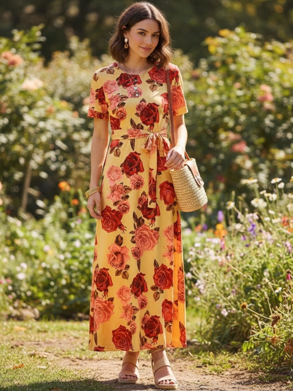 SHEIN Floral Maxi Dress in Yellow with Red and Pink Accents
